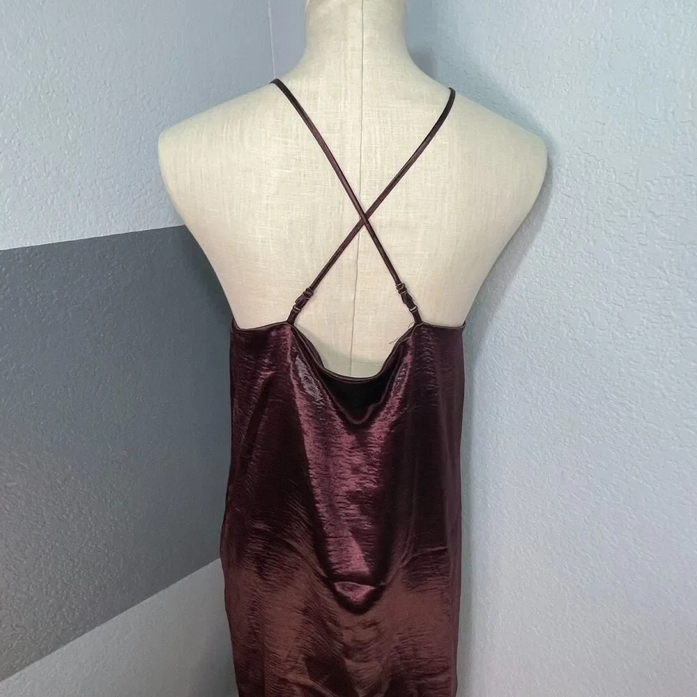 A New Day Medium Liquid‎ Satin Halter Midi Slip Dress Burgundy Plum, Minimalist